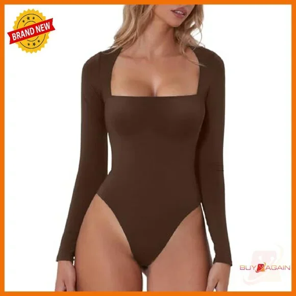 Long Sleeve Square Neck Bodysuit Double Lined Polyamide Shirt Top